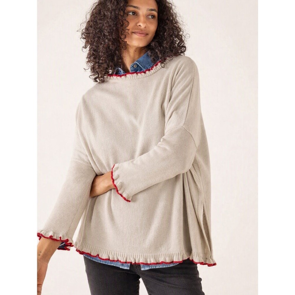 Mersea Catalina Cotton Ruffle Sweater Small Ivory Red Oversized Coastal Boho NWT